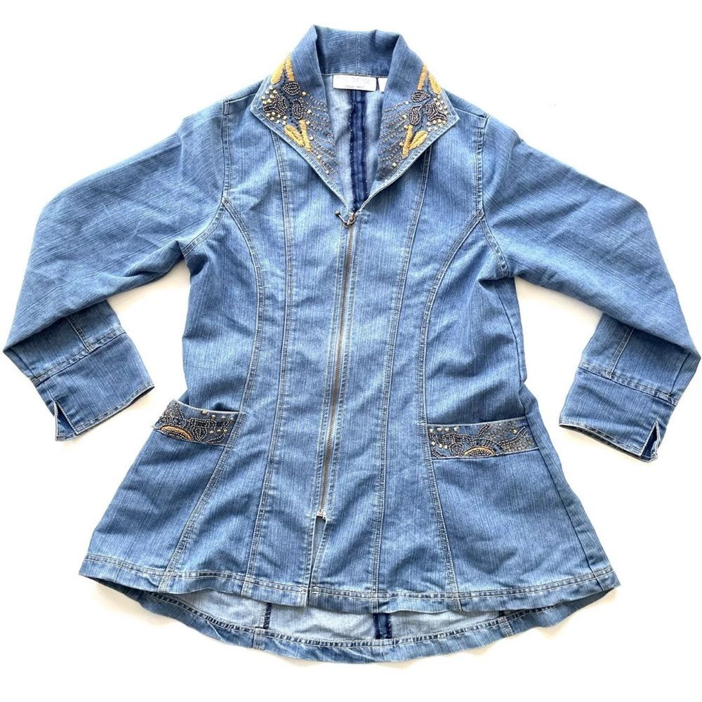 Vintage 90s Bleu Bayou Denim Jacket Medium Blue Embroidered Sequin Mid Length